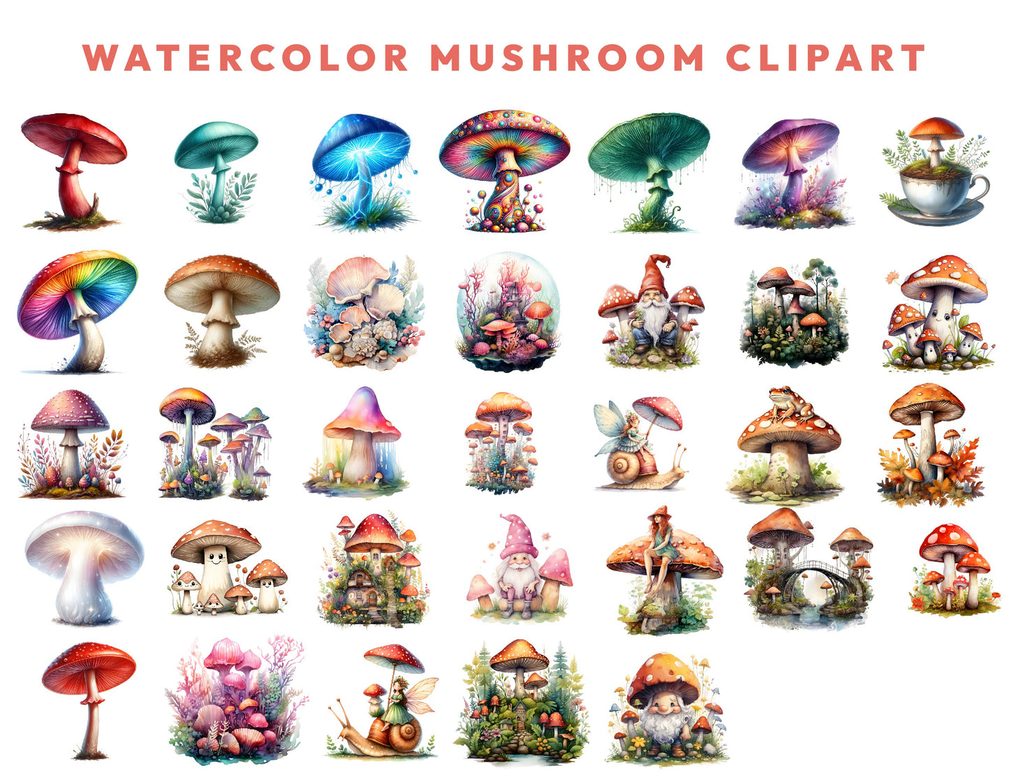 Mushrooms Watercolor Clipart Bundle, 208 PNG Forest Toadstool Graphics, Magical Nature Illustrations, Instant Download, Commercial Use