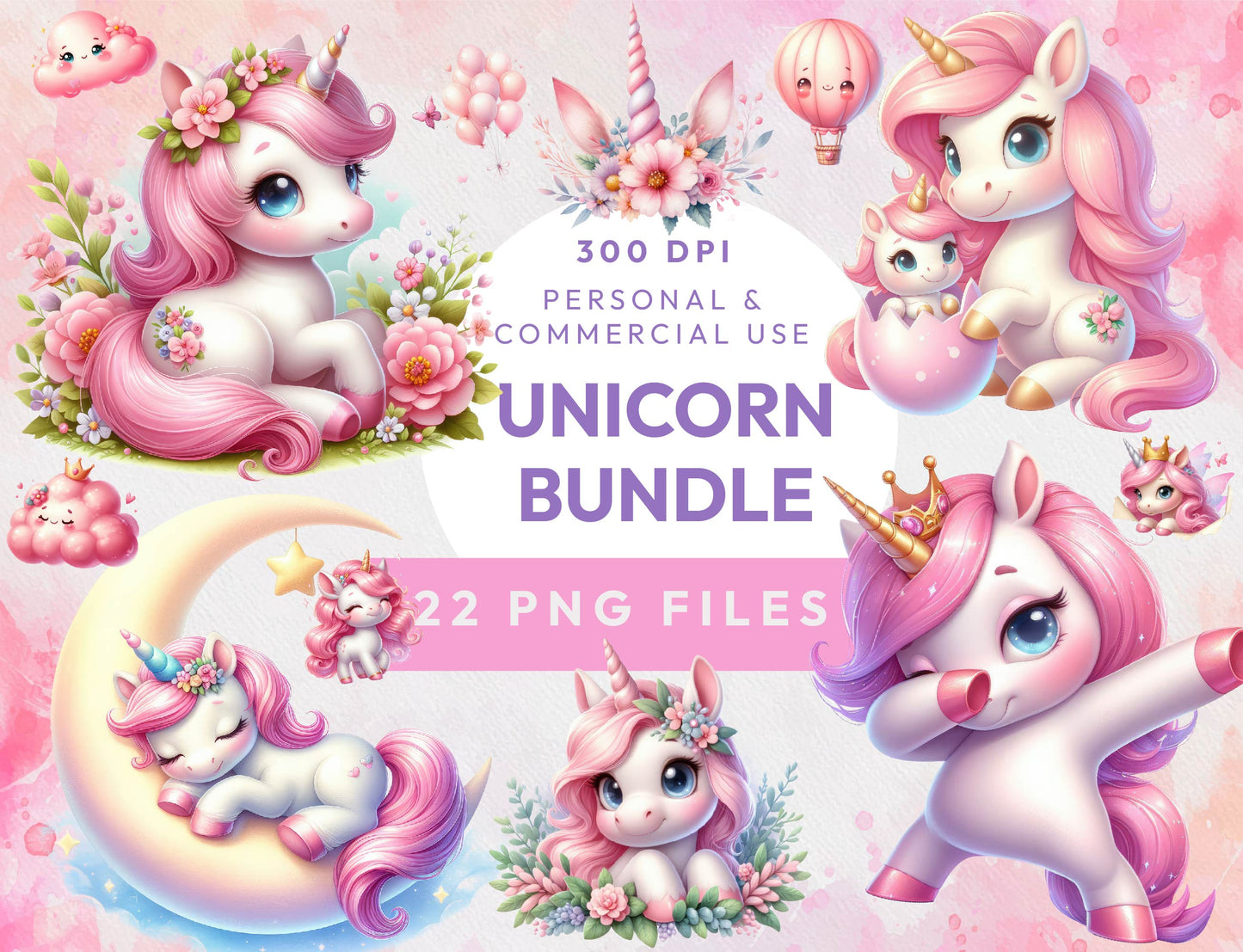 22 Cute Unicorn Clipart, Unicorn Png, Magic Unicorn Clipart, Rainbow Animal Kawaii Unicorn, Cartoon Clip Art Commercial Use Instant Download