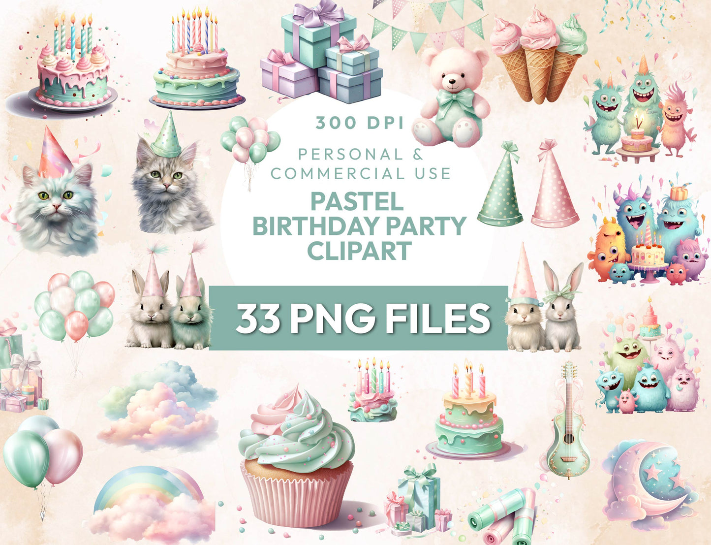 33 Watercolor Pastel Birthday Clipart PNG Bundle, Cute Happy Birthday Collection, Balloon Clipart, Birthday Cupcake, Cake, Instant Download