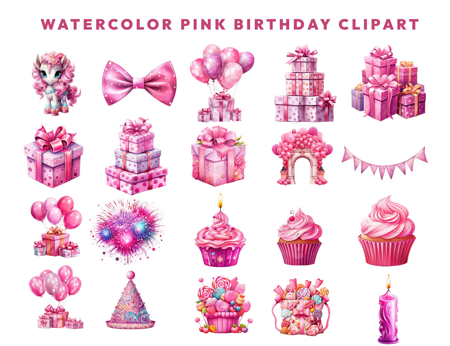 29 Watercolor Pink Birthday Clipart PNG Bundle, Birthday PNGs, Birthday Bundle, Girl Birthday PNG Designs, Birthday Party Clipart, Cake PNG