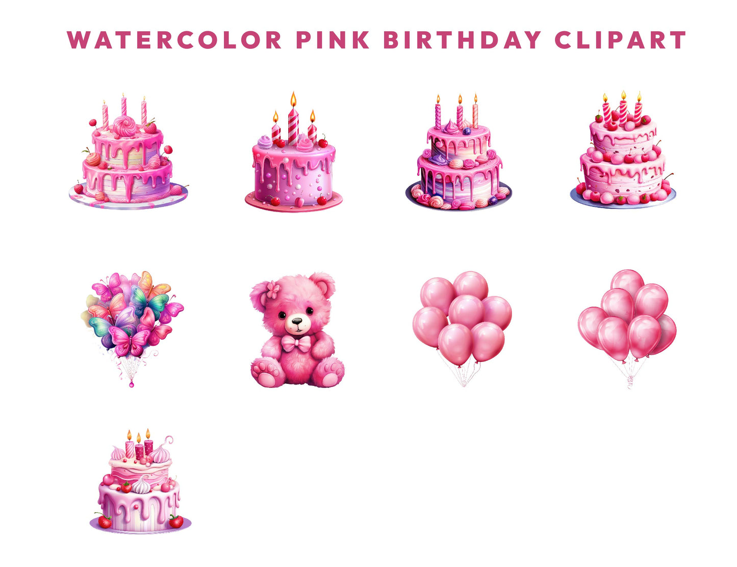 29 Watercolor Pink Birthday Clipart PNG Bundle, Birthday PNGs, Birthday Bundle, Girl Birthday PNG Designs, Birthday Party Clipart, Cake PNG