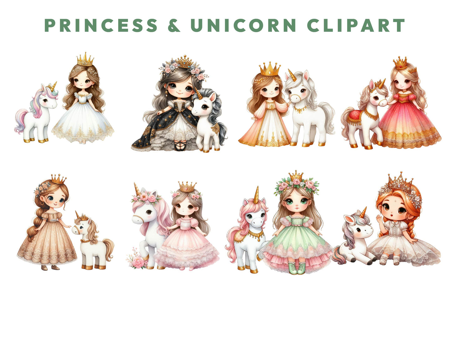 14 Princess and Unicorn Clipart Bundle, Princess Unicorn PNG, Magical Clipart, Mystical Images, Fantasy Sublimation, Instant Download
