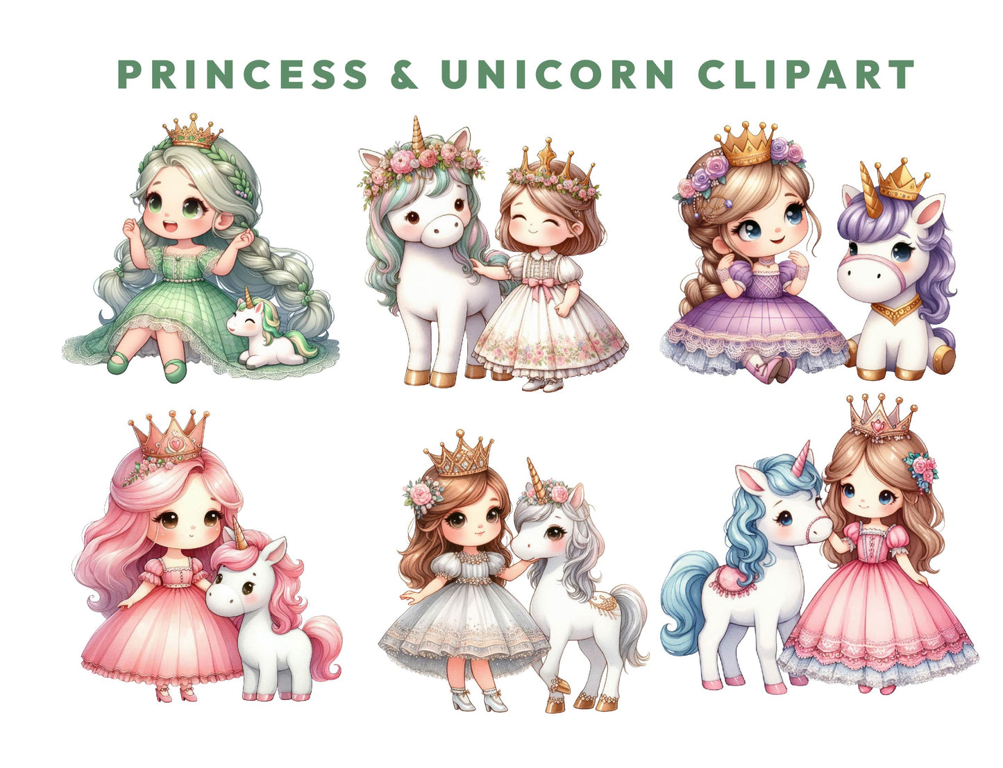14 Princess and Unicorn Clipart Bundle, Princess Unicorn PNG, Magical Clipart, Mystical Images, Fantasy Sublimation, Instant Download