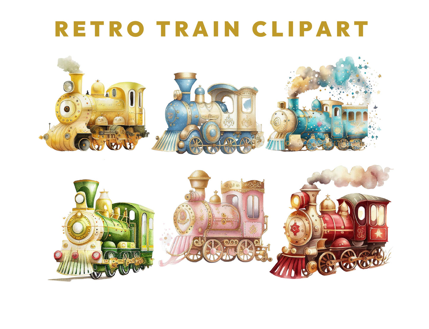 6 Watercolor Retro Train Clipart Bundle, Classic Vehicles Vintage Clipart, Transparent PNG 300Dpi, Train Sublimation Design Digital Download
