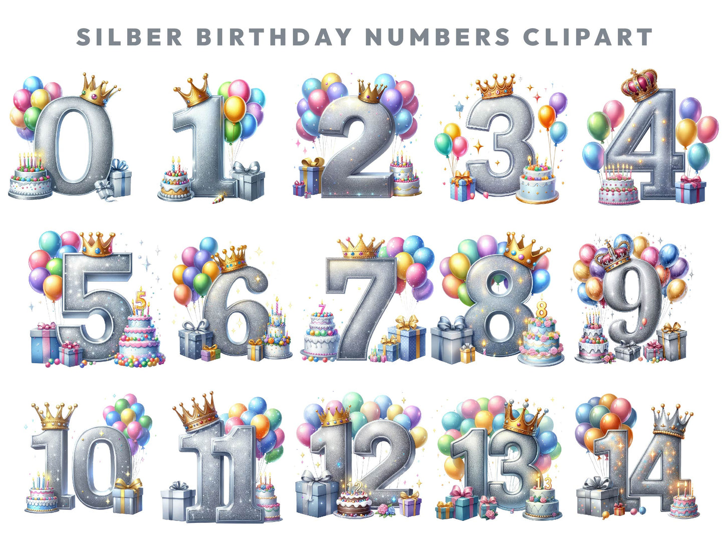 15 Silver Foil Balloons Clipart, Foil Balloon Birthday Number PNGs for Junk Journal, Paper Crafts, Scrapbook, Gift Card, Commercial Use