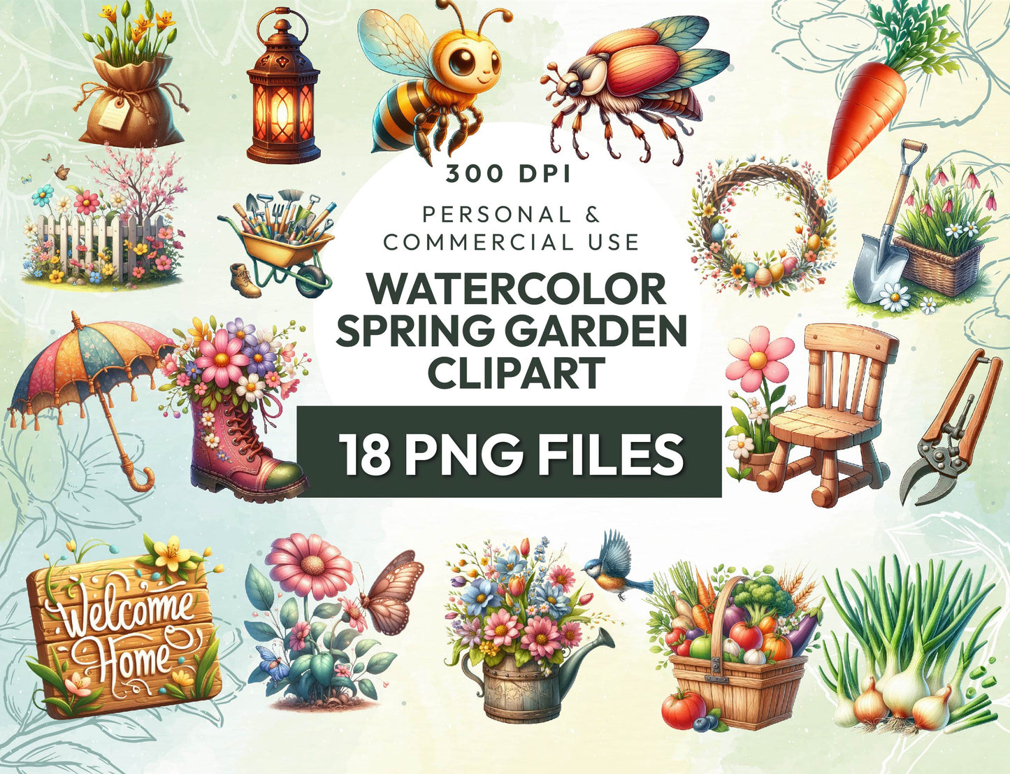 18 Watercolor Spring Garden Clipart Bundle, Spring Garden Illustrations, Farm Transparent PNG 300dpi, Vegetables PNG, Instant Download