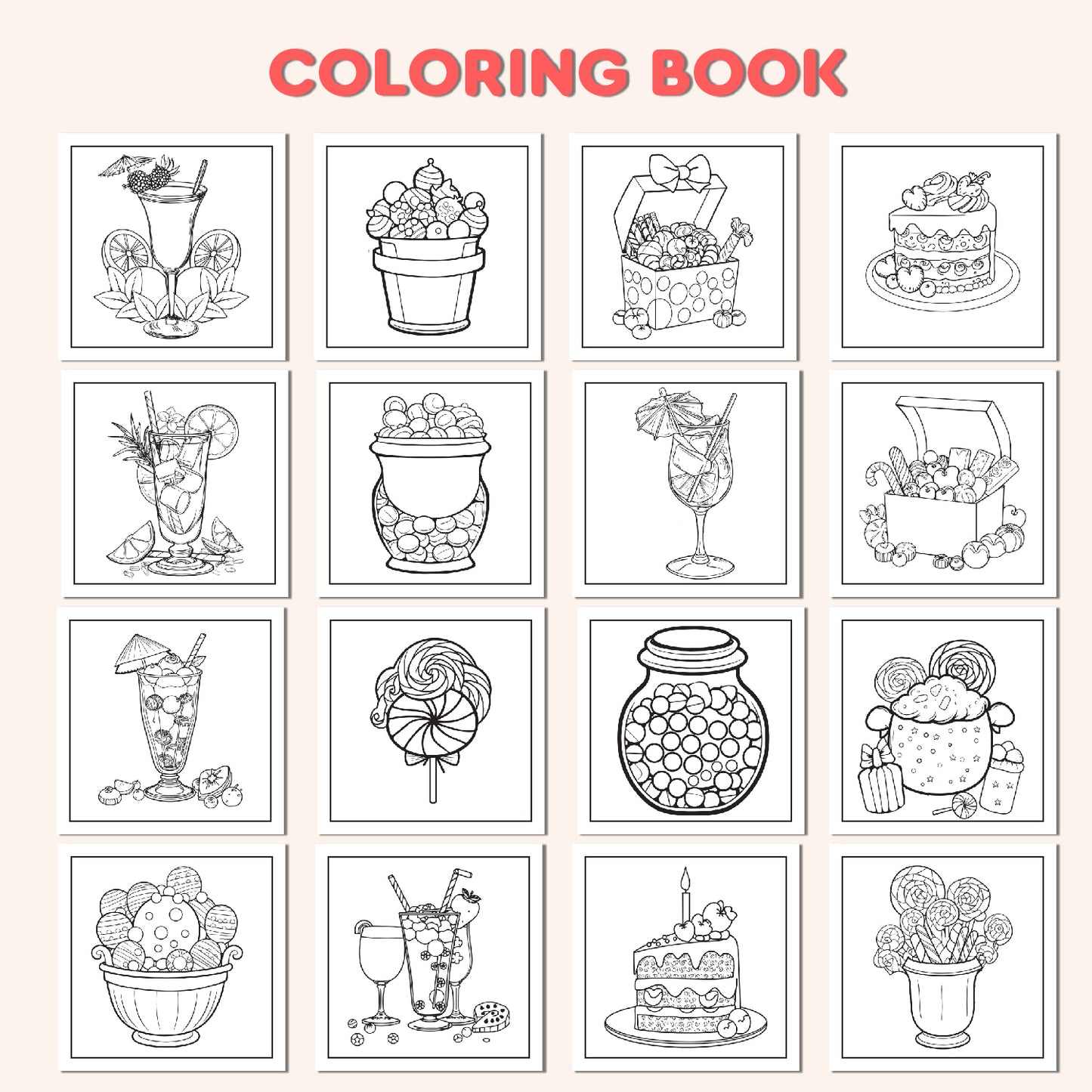 SWEET TREATS & DRINKS COLORING BOOK: Adorable Cupcakes, Cakes, Ice Creams, Donuts, and Other Kawaii Desserts to Color For Kids and Adults