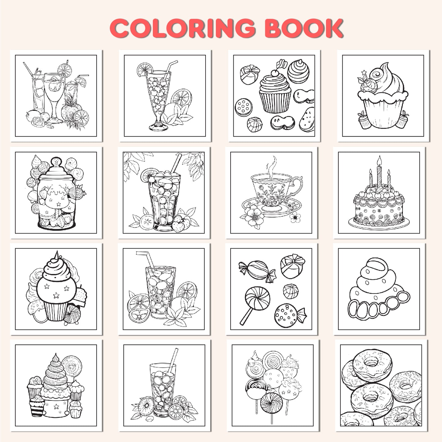 SWEET TREATS & DRINKS COLORING BOOK: Adorable Cupcakes, Cakes, Ice Creams, Donuts, and Other Kawaii Desserts to Color For Kids and Adults