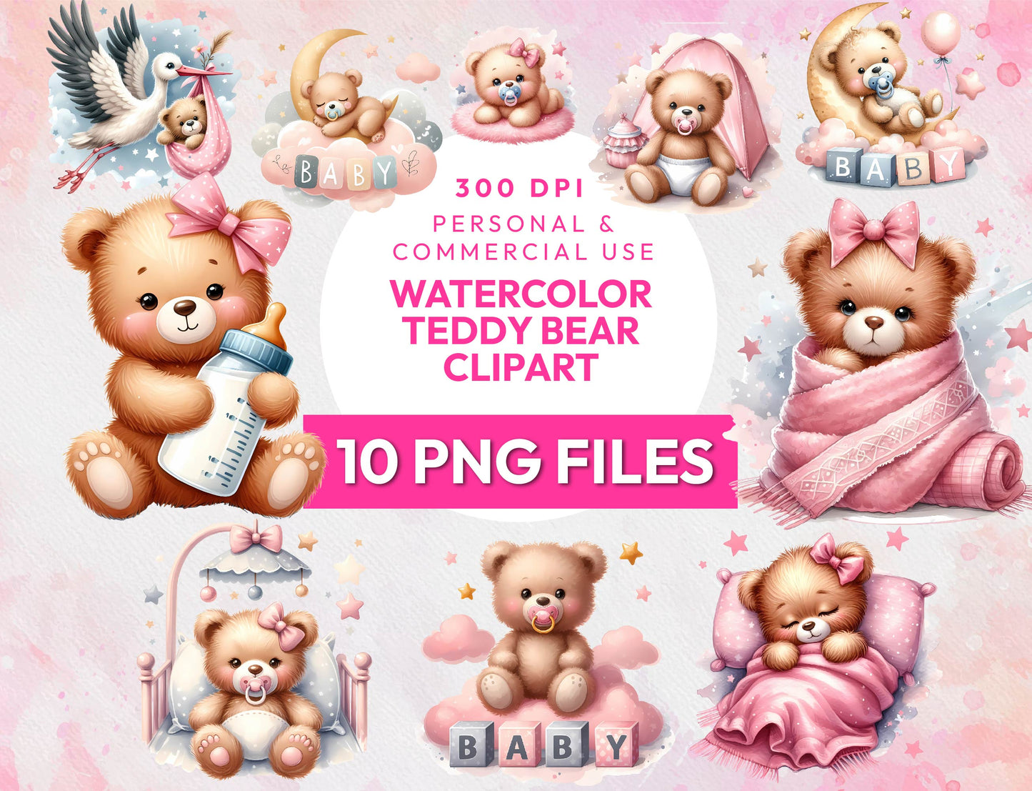 10 Watercolor Birthday Baby Teddy Bear Clipart PNG Bundle 300dpi, Pink Teddy Bear Clipart, Cute Bear Sublimation Design, Instant Download