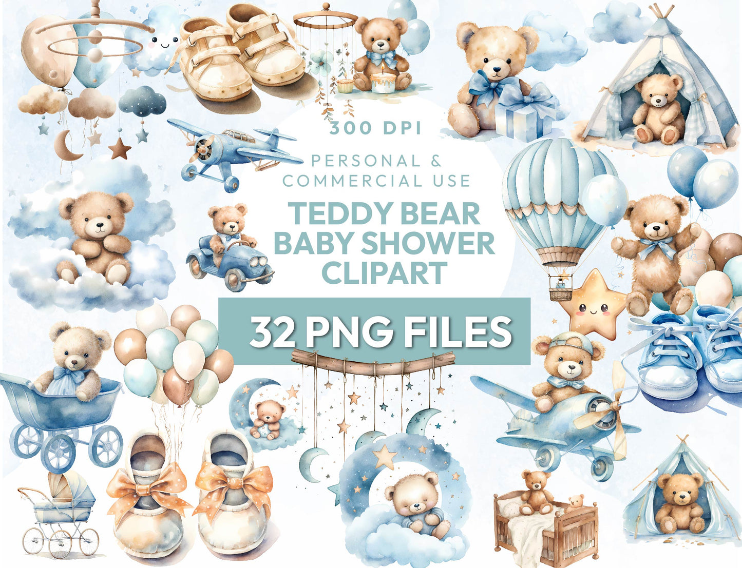32 Cute Watercolor Blue Teddy Bear Baby Boy Shower Clipart PNG Bundle, Birthday Collection Instant Download Sublimation Design Commercial Use