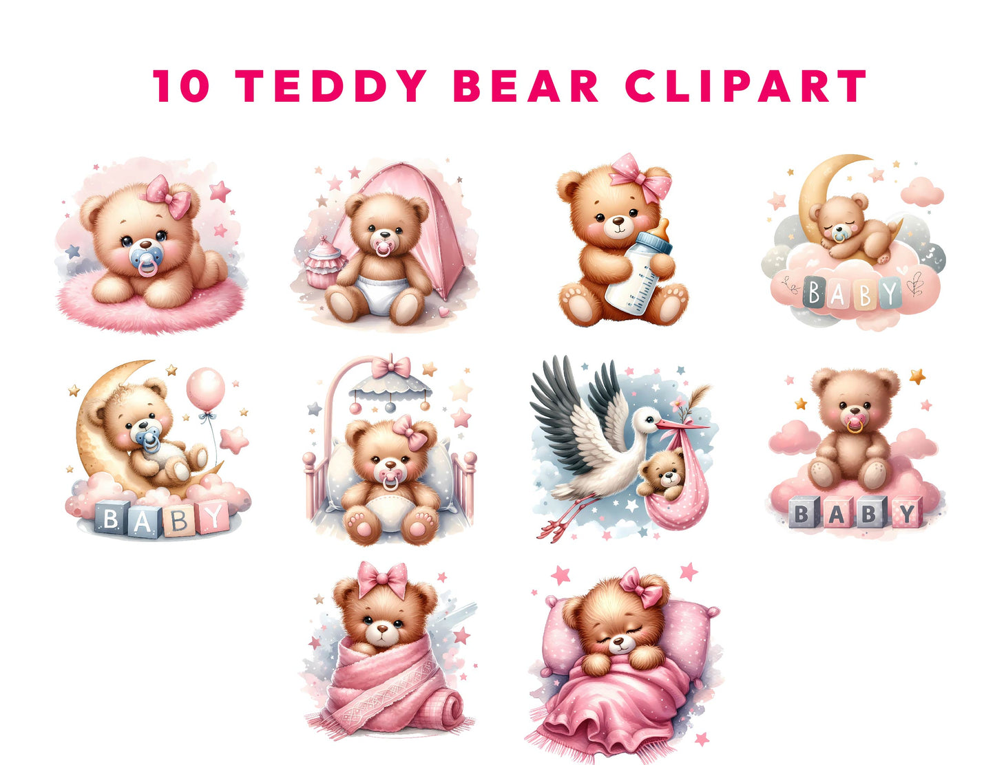 10 Watercolor Birthday Baby Teddy Bear Clipart PNG Bundle 300dpi, Pink Teddy Bear Clipart, Cute Bear Sublimation Design, Instant Download