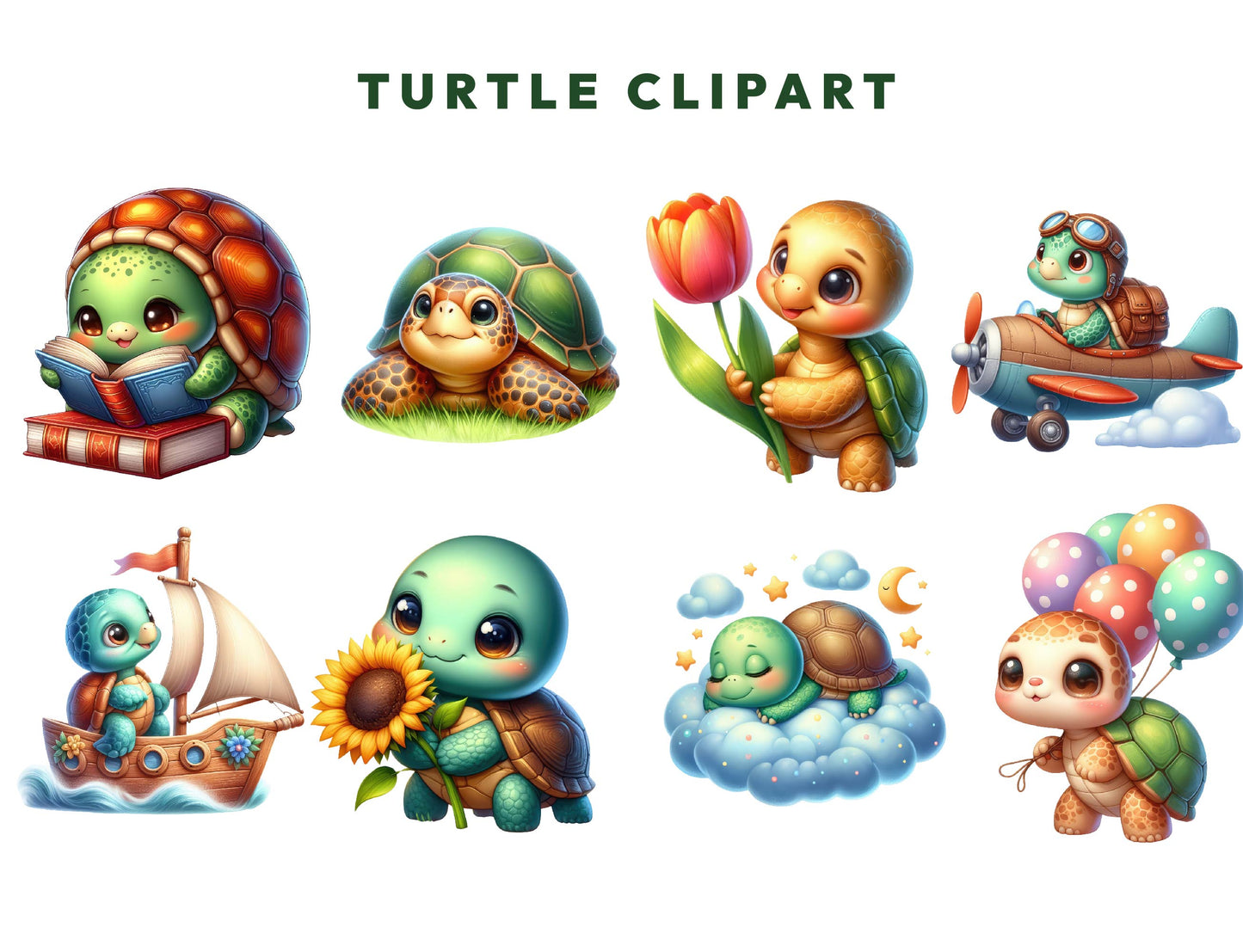 16 Watercolor Sea Turtle Clipart Bundle, Cute Nautical Ocean Animals PNG, Commercial Use, Paper Crafts, Marine Life PNG, Digital Download