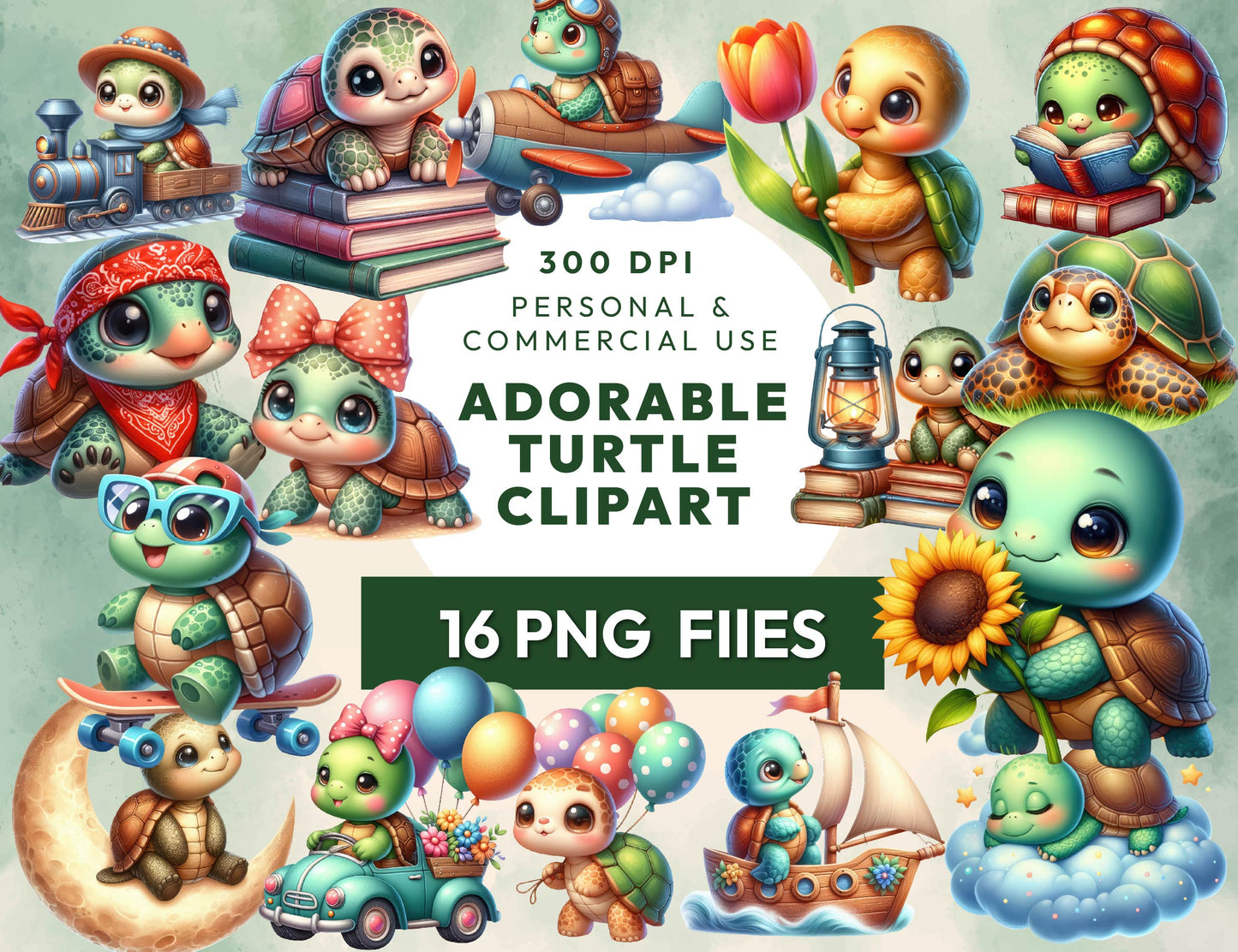 16 Watercolor Sea Turtle Clipart Bundle, Cute Nautical Ocean Animals PNG, Commercial Use, Paper Crafts, Marine Life PNG, Digital Download