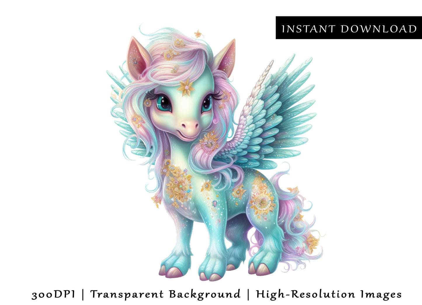 5 Whimsical Unicorn PNG Bundle, Cute Unicorn Clipart, Magical Animal, Birthday Party Sublimation Design Transparent 300DPI Digital Download