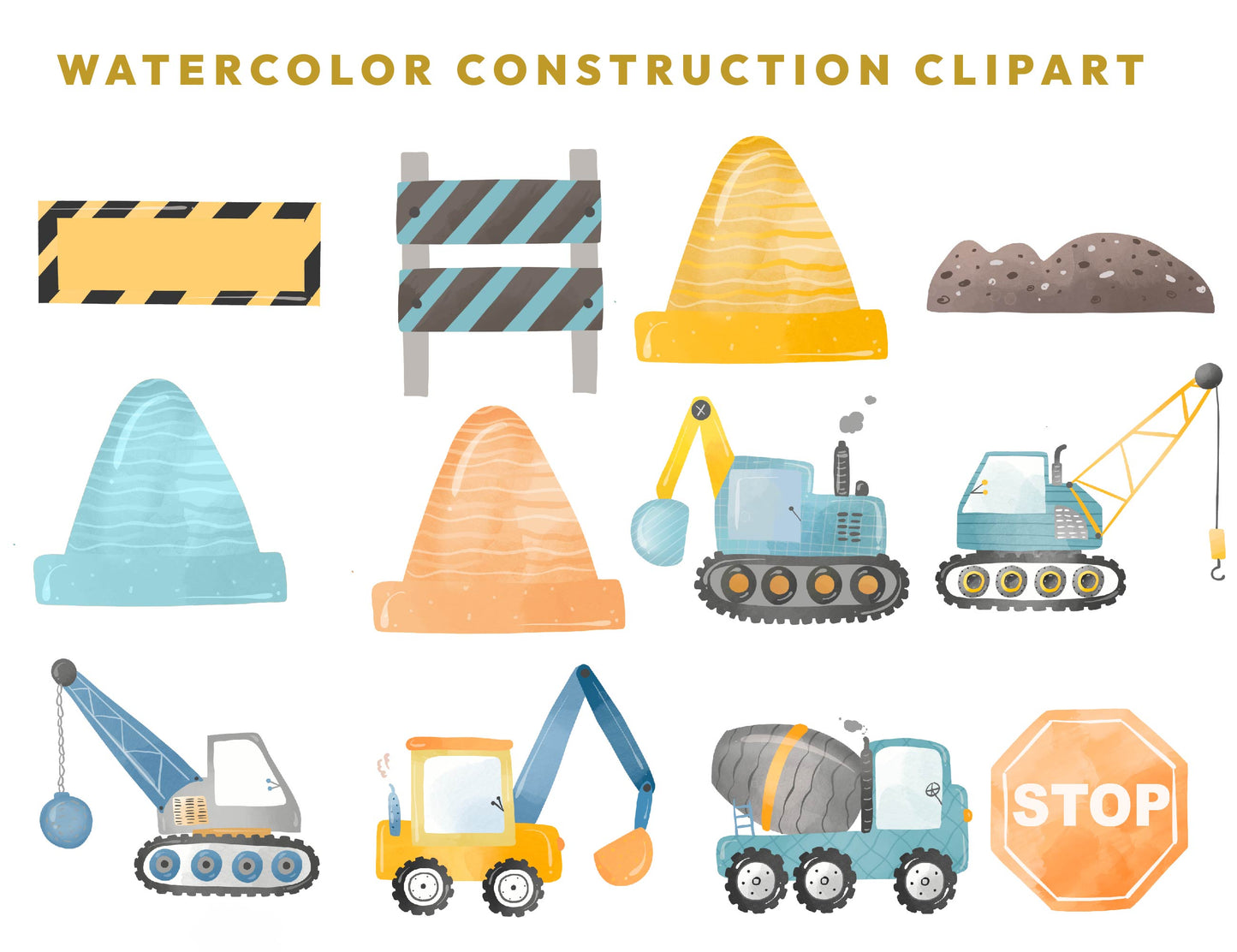 24 Watercolor Construction Diggers Clipart, Construction Vehicles PNG, Cement Truck, Excavator, Nursery Digital Prints, Instant Download