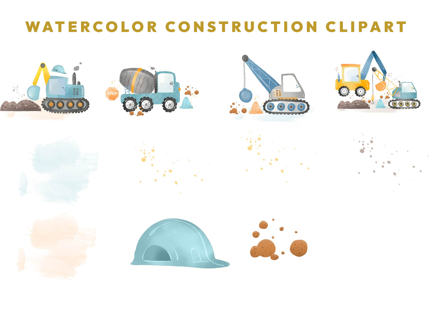 24 Watercolor Construction Diggers Clipart, Construction Vehicles PNG, Cement Truck, Excavator, Nursery Digital Prints, Instant Download