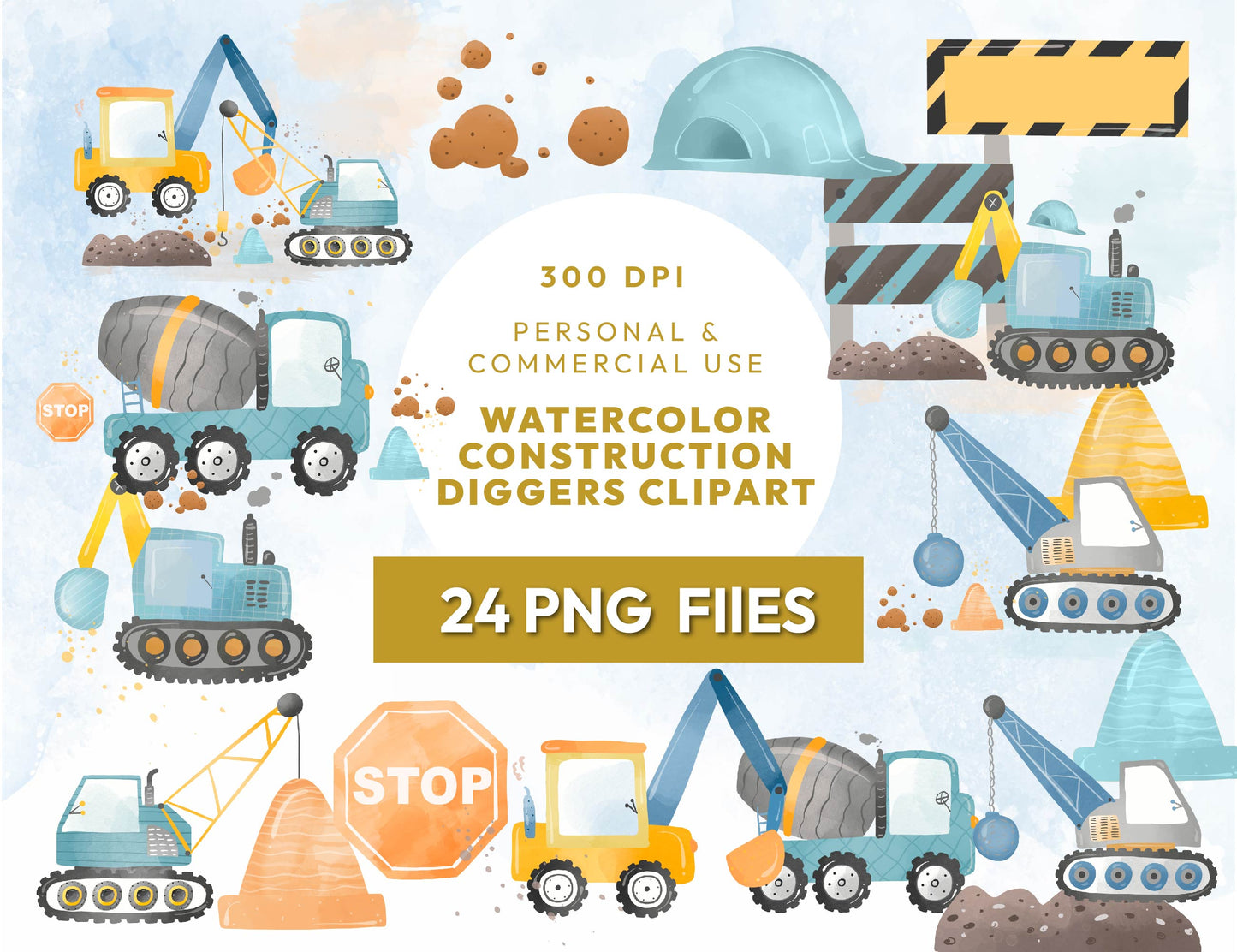 24 Watercolor Construction Diggers Clipart, Construction Vehicles PNG, Cement Truck, Excavator, Nursery Digital Prints, Instant Download