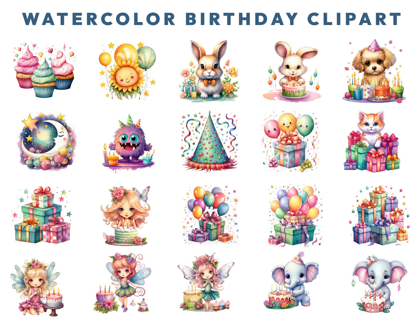 32 Watercolor Cute Birthday Clipart PNG Bundle, Happy Birthday Collection, Balloon Clipart Cupcake Topper, Invitation Card, Instant Download