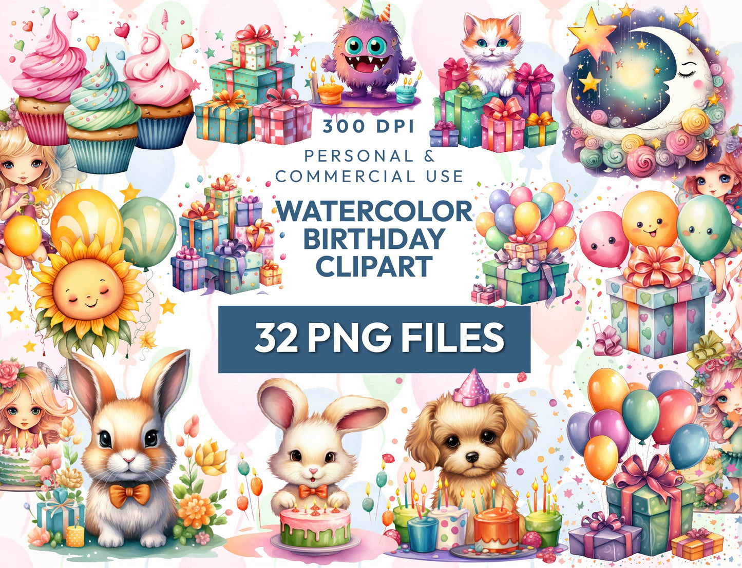 32 Watercolor Cute Birthday Clipart PNG Bundle, Happy Birthday Collection, Balloon Clipart Cupcake Topper, Invitation Card, Instant Download
