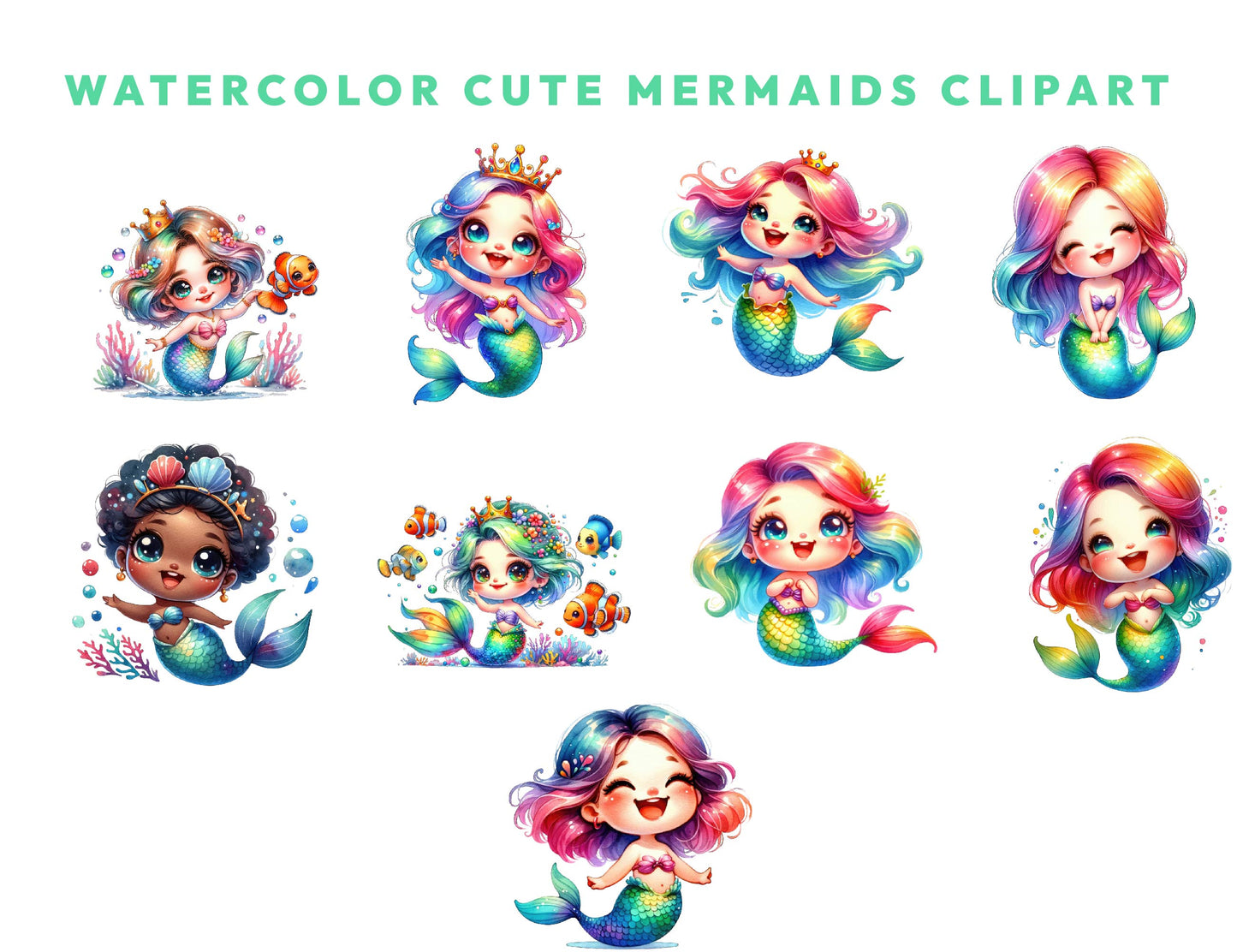 17 Watercolor Cute Mermaids Clipart PNG Bundle, Colorful Baby Mermaid PNG, Sea Animal Clipart, Girl Fairytale Birthday PNG, Instant Download