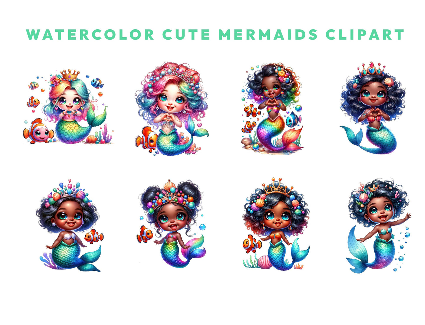 17 Watercolor Cute Mermaids Clipart PNG Bundle, Colorful Baby Mermaid PNG, Sea Animal Clipart, Girl Fairytale Birthday PNG, Instant Download