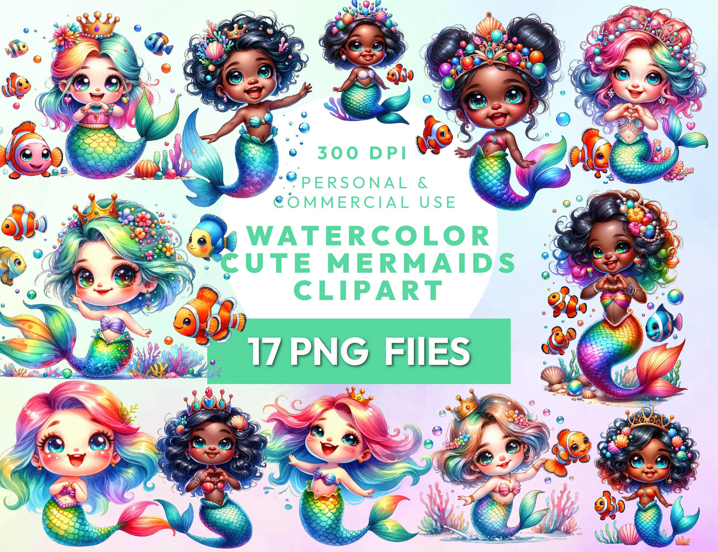17 Watercolor Cute Mermaids Clipart PNG Bundle, Colorful Baby Mermaid PNG, Sea Animal Clipart, Girl Fairytale Birthday PNG, Instant Download