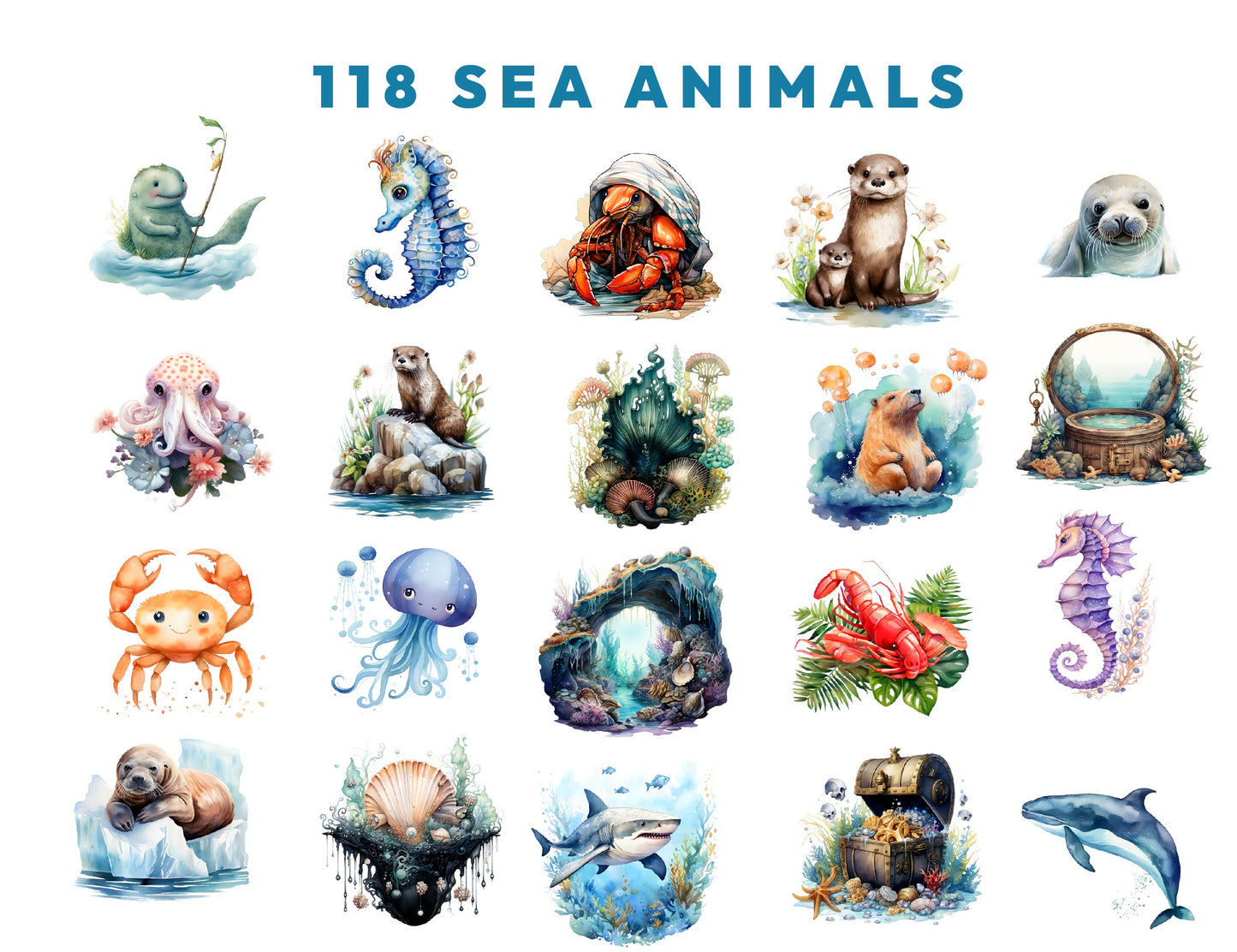 118 Cute Under The Sea Watercolor Animals Clipart PNG Bundle, Sea Animals Clipart, Sea Life, Instant Download 300dpi Images, Commercial use