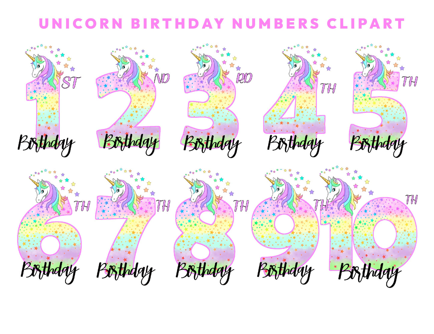 10 Cute Unicorn Birthday PNG Bundle, Age (0 1 2 3 4 5 6 7 8 9) Rainbow Unicorn Clipart, 300dpi, Party Celebration, Kids Sublimation Designs