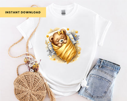10 Watercolor Golden Birthday Baby Teddy Bear Clipart PNG Bundle 300dpi, Teddy Bear Clipart, Cute Bear Sublimation Design, Instant Download