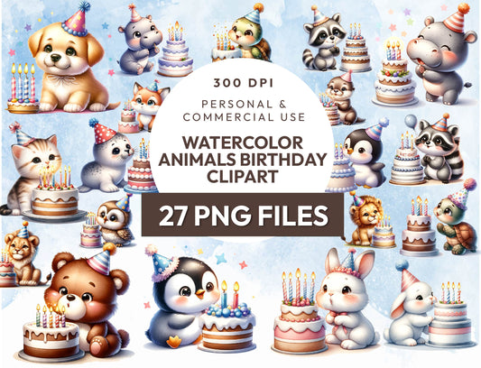 27 Watercolor Cute Birthday Animals Clipart PNG Bundle, Baby Animals w/ Birthday Sayings, Printable Art, Nursery, Card Making Commercial Use