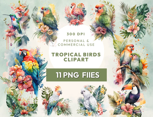 11 Tropical Birds Clipart Bundle, Watercolor Parrots Clipart, Flamingo PNG, Summer Exotic Birds Image, Transparent PNG, Sublimation Design