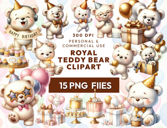 15 Royal Teddy Bear Birthday Clipart PNG Bundle, Birthday Invitation, Cute Baby Bear Illustration, Sublimation Design, Instant Download