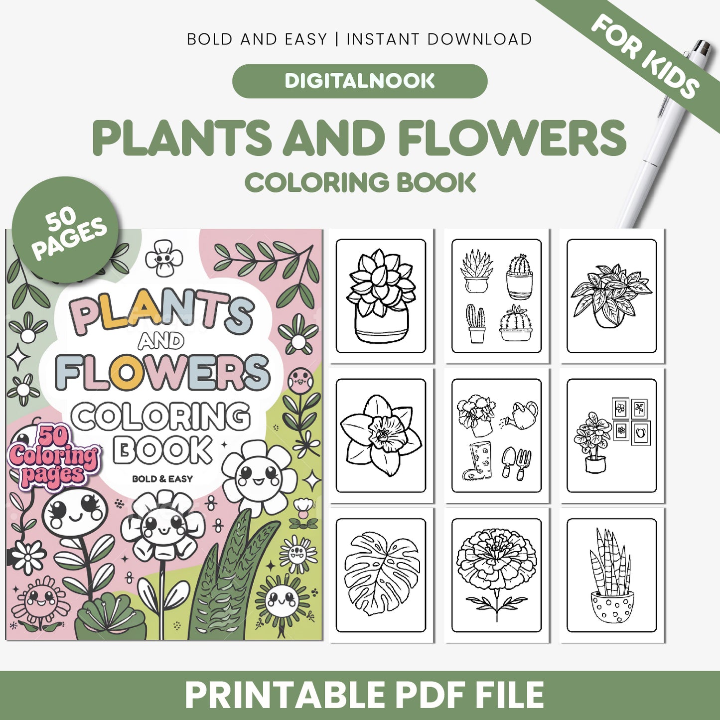 Plants & Flowers Coloring Book for Adults & Kids - Relaxing Floral Designs