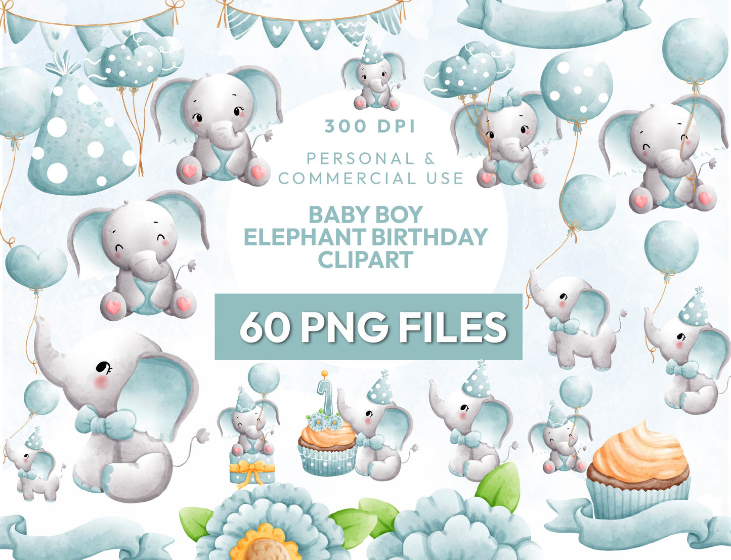 60 Watercolor Baby Boy Elephant Birthday Clipart PNG Bundle, Elephant Birthday, Cute Animal Clipart