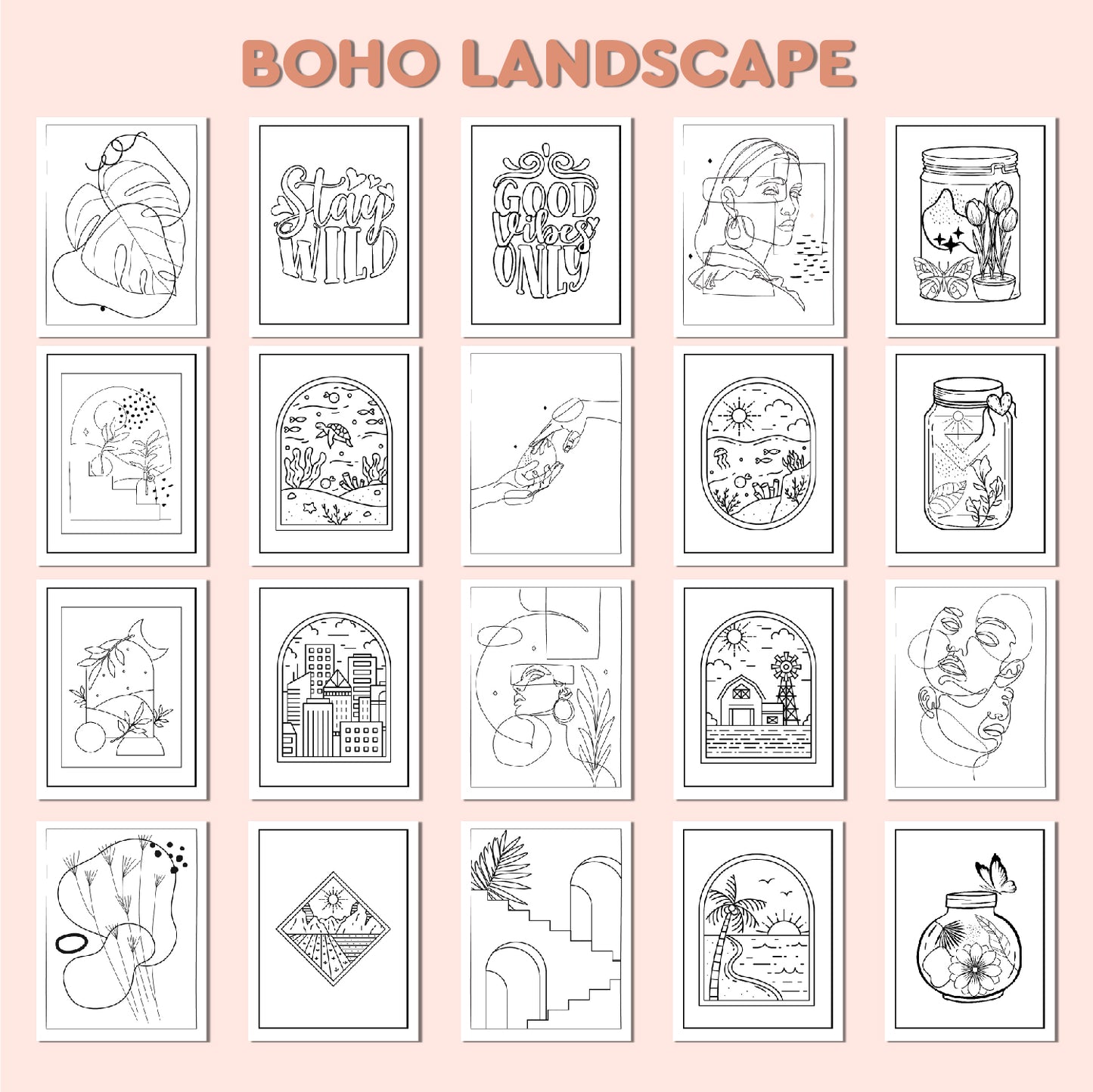 Boho Landscape Coloring Book for Adults & kids – Relaxing Artistic Designs