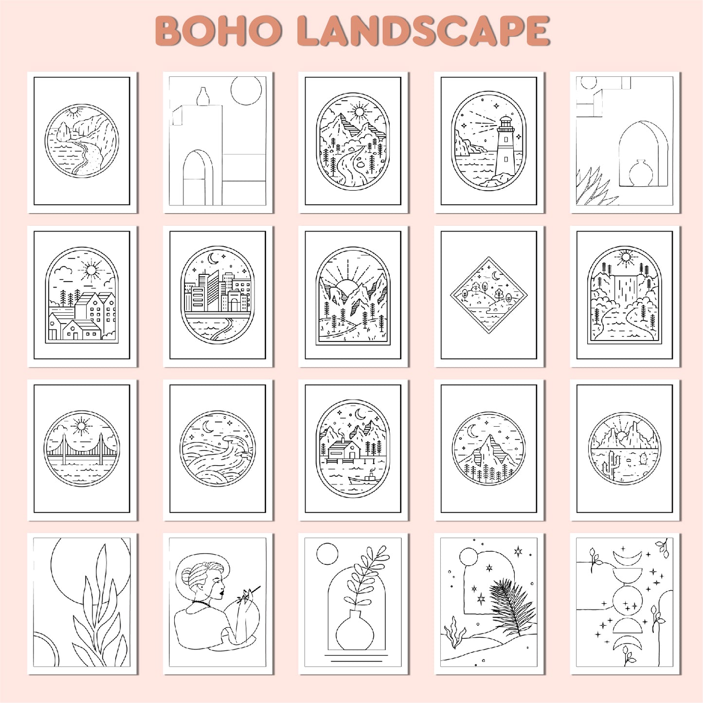 Boho Landscape Coloring Book for Adults & kids – Relaxing Artistic Designs