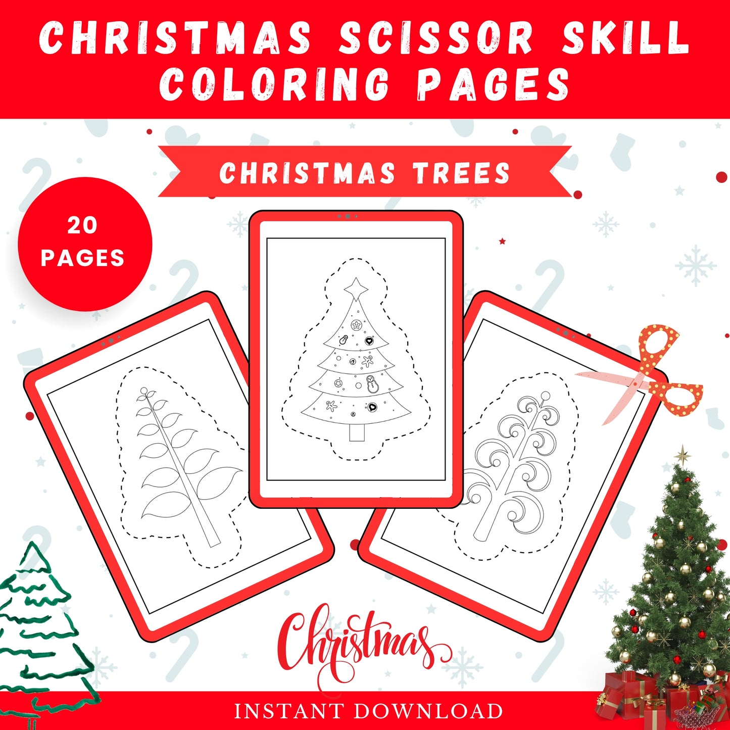 Christmas Scissor Skill Coloring Book for Kids | Christmas Tree Coloring Pages | Instant Downlaod