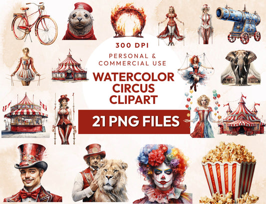 21 Watercolor Red Circus Clipart PNG Bundle, Carnival Clipart, Circus Tent, Elephant, Clown, Lion, Baby Shower Clipart, Instant Download