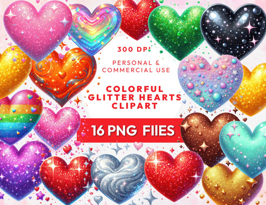 16 Colorful Glitter Hearts Clipart Bundle, Sparkling Rainbow Hearts, Transparent PNG Files, Digital Clipart, Instant Download Commercial Use