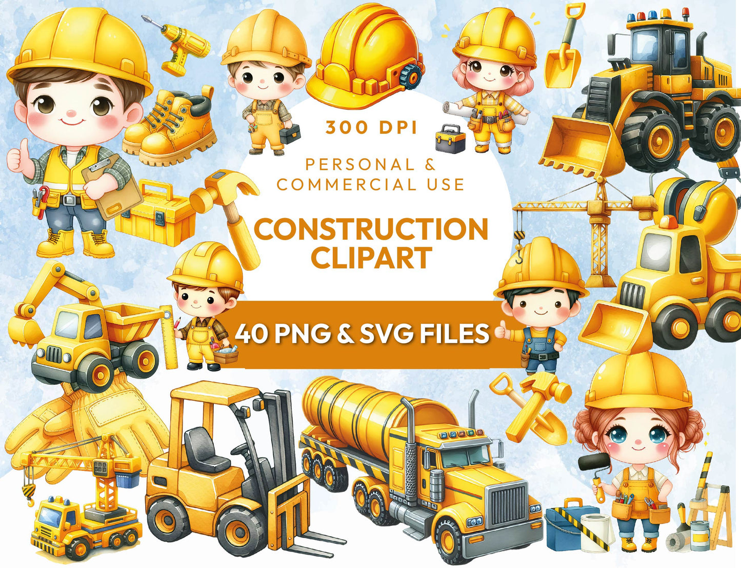 40 Watercolor Construction Clipart PNG & SVG Bundle Construction Vehicle, Cut Files, Bulldozer Cement Truck Excavator Nursery Digital Prints