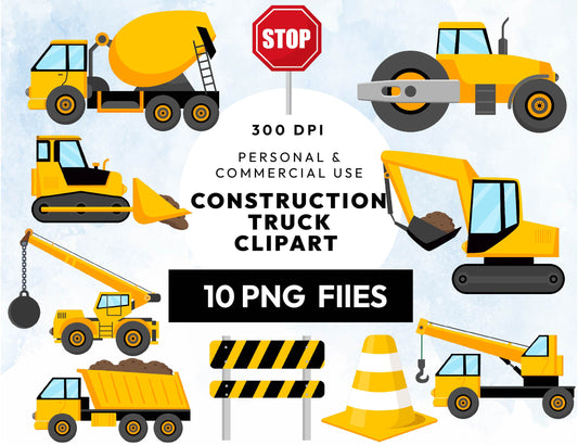 10 Construction Trucks Clipart Bundle, Construction Vehicles, Bulldozer, Cement Truck, Excavator, Nursery Digital Prints, Instant Download