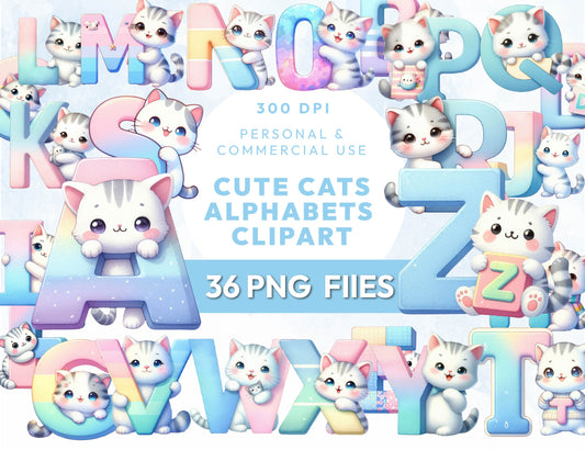 Cute Pastel Cats Alphabet and Numbers Clipart Bundle, Kitten Alphabet Letters & Digits, Transparent PNG for Sublimation, Instant Download