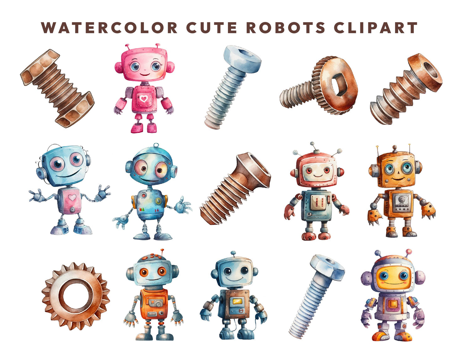 15 Cute Robot Clipart Watercolor Whimsical Bot Illustrations Nursery, Robotic Character, Robots Futuristic Kids Boy Birthday Baby Shower PNG