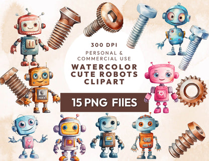 15 Cute Robot Clipart Watercolor Whimsical Bot Illustrations Nursery, Robotic Character, Robots Futuristic Kids Boy Birthday Baby Shower PNG