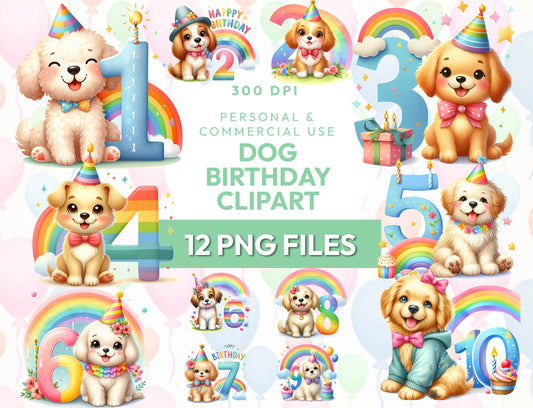 12 Watercolor Dog Happy Birthday Number Clipart Bundle, Birthday Party Clipart, Colorful Dogs Clipart Transparent PNG 300dpi Instant Download