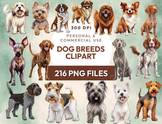 216 Watercolor Dog Clipart Bundle, Dogs PNG, Dog Breeds PNG, Sublimation Designs, Cute Puppy Clipart, Digital Download, Commercial Use