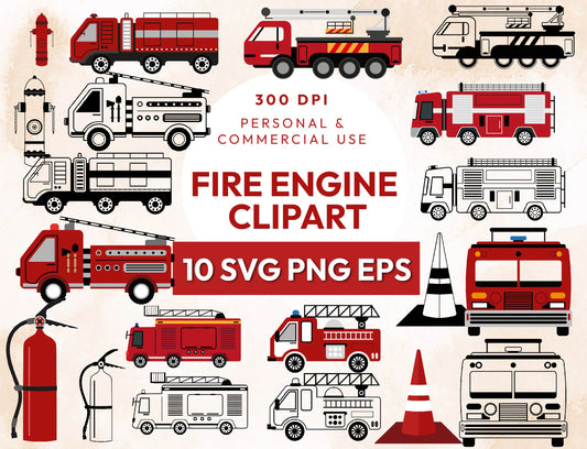 10 Fire Engine Clipart, Fire Department PNG, Fire Truck Svg, Fire Fighter PNG, Firefighter Birthday, Nursery Clipart, Instant Download