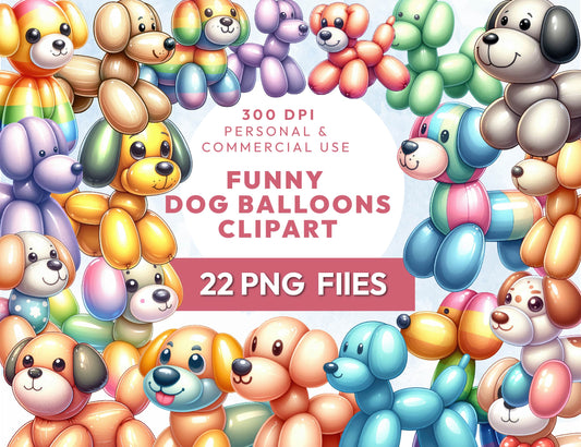 22 Funny Watercolor Dog Balloons Clipart Bundle, Balloon Animal PNG, Birthday Party, Puppy Illustration, Sublimation Design Instant Download