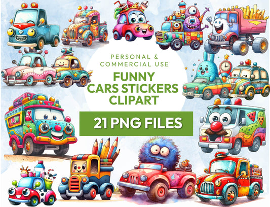 21 Funny Cars Watercolor Clipart PNG Bundle, Automobile Images, Colorful Quirky Vehicle Graphics, Instant Digital Download, Commercial Use