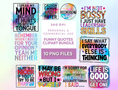 10 Watercolor Funny Quotes Clipart Bundle, Quirky Sayings, Transparent PNG 300dpi, Sarcastic PNG, Sublimation Design, Instant Download